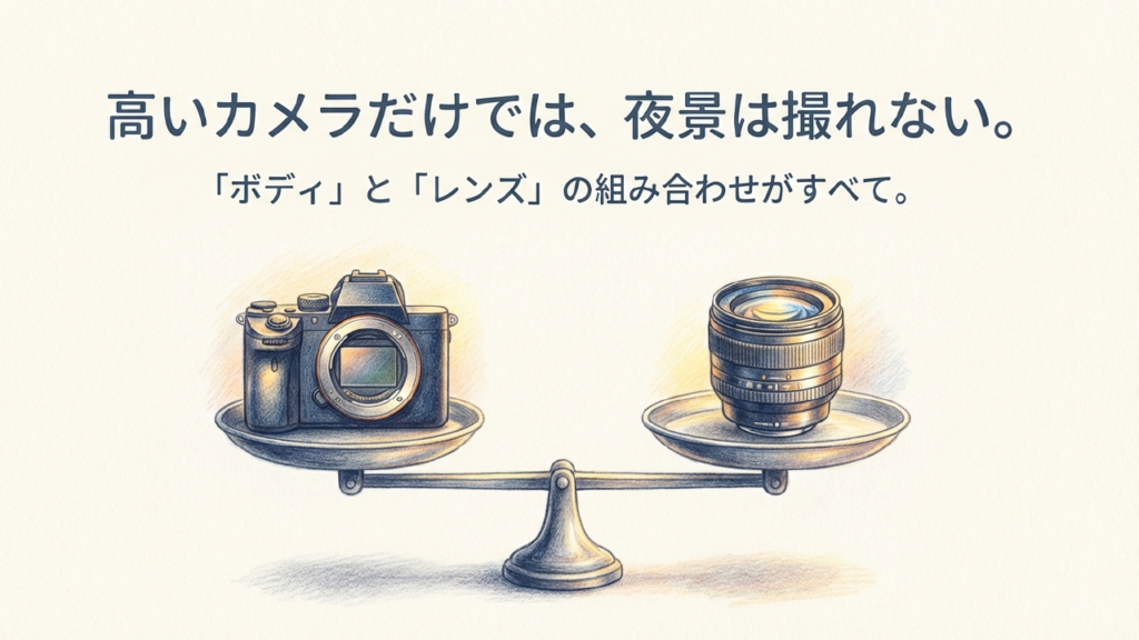 天秤に乗ったカメラボディとレンズのイラスト。夜景は両方のバランスが大事であることを示す