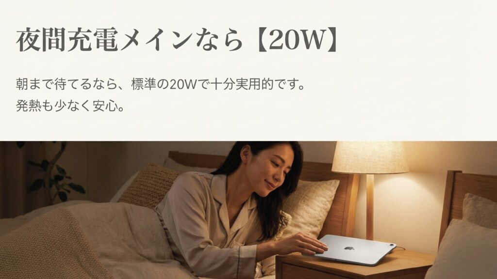 夜間充電メインなら20W 夜間充電メインなら標準の20Wで十分実用的