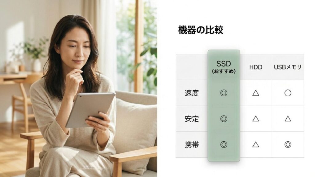 SSD・HDD・USBメモリの速度、安定性、携帯性を比較した表