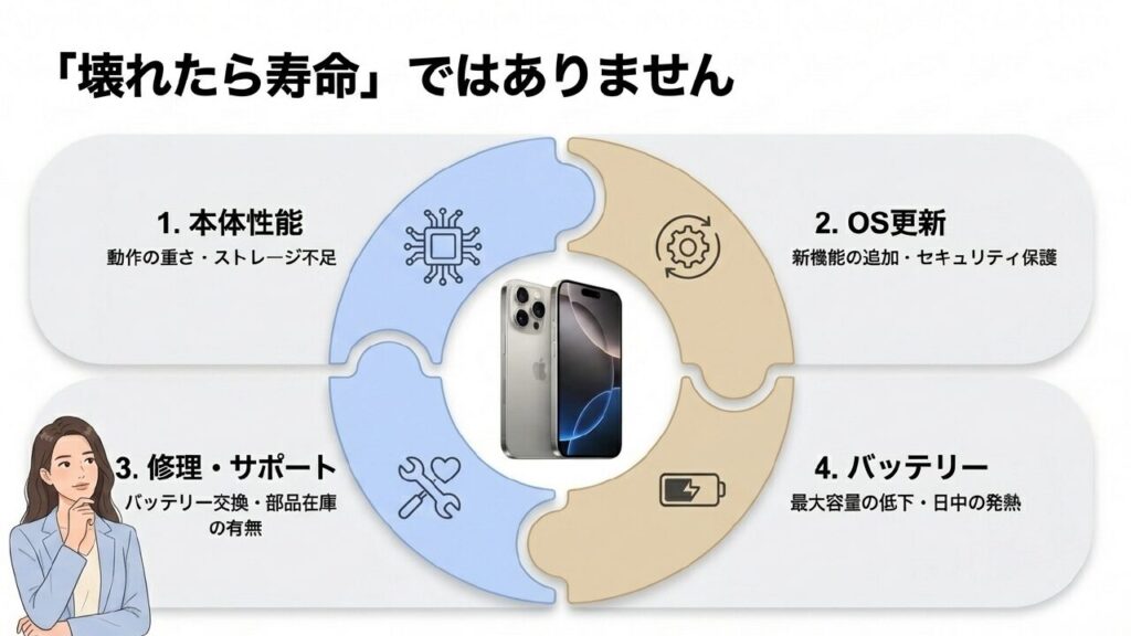 寿命の判断基準 スマホの寿命を決める4つの要素(性能・OS・修理・バッテリー)