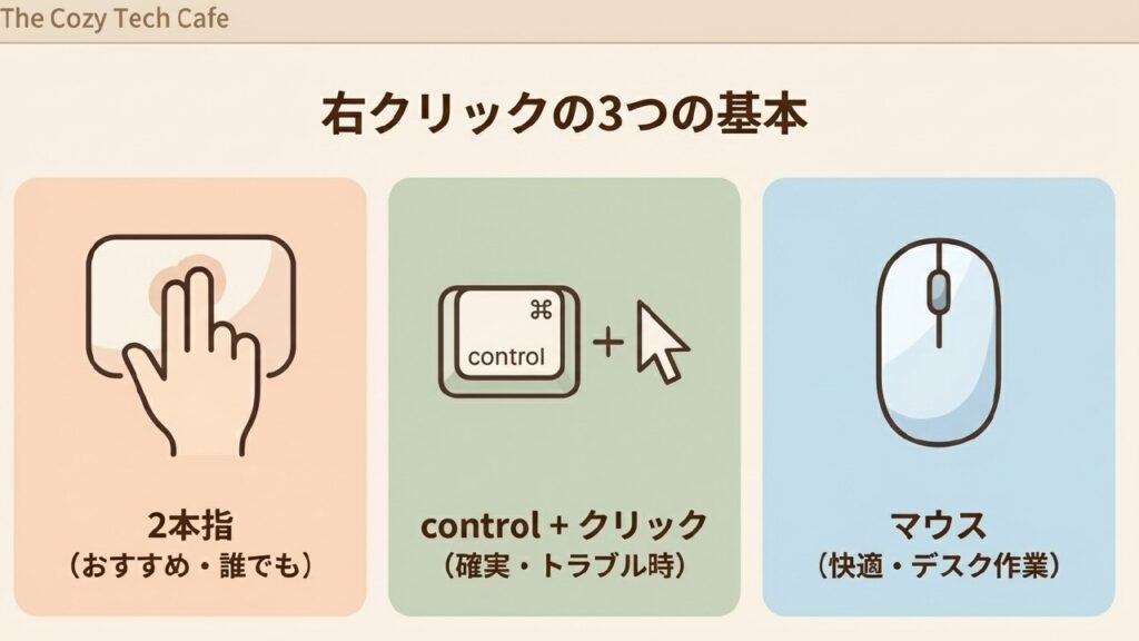 右クリックの3つの基本：2本指、controlキー＋クリック、マウス