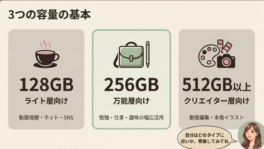 iPad Air 3つの容量の基本(128GB・256GB・512GBのターゲット層) iPad Air 3つの容量の基本(128GB・256GB・512GBのターゲット層)