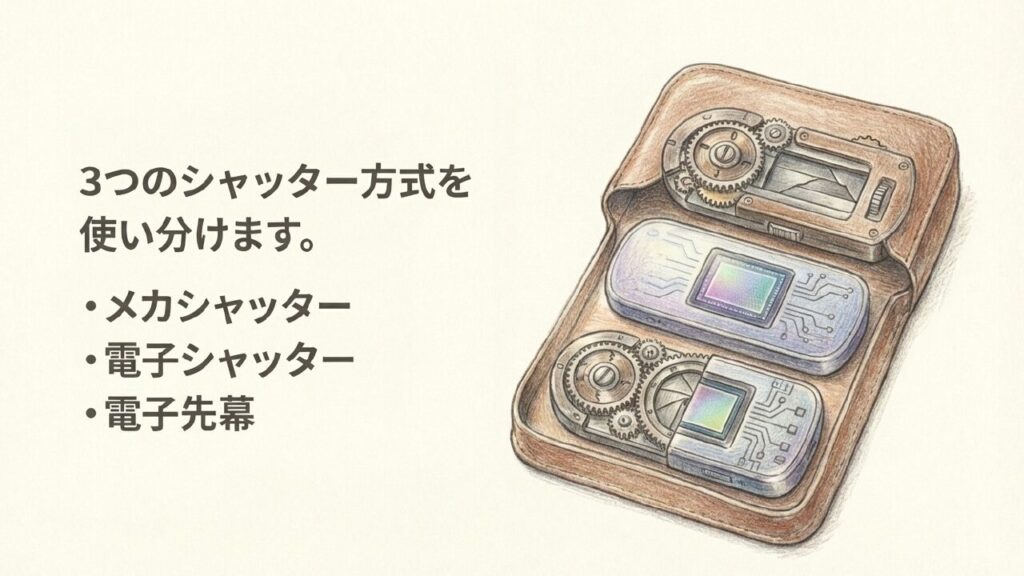 3つのシャッター方式の使い分け 3つのシャッター方式(メカ・電子・電子先幕)の使い分け