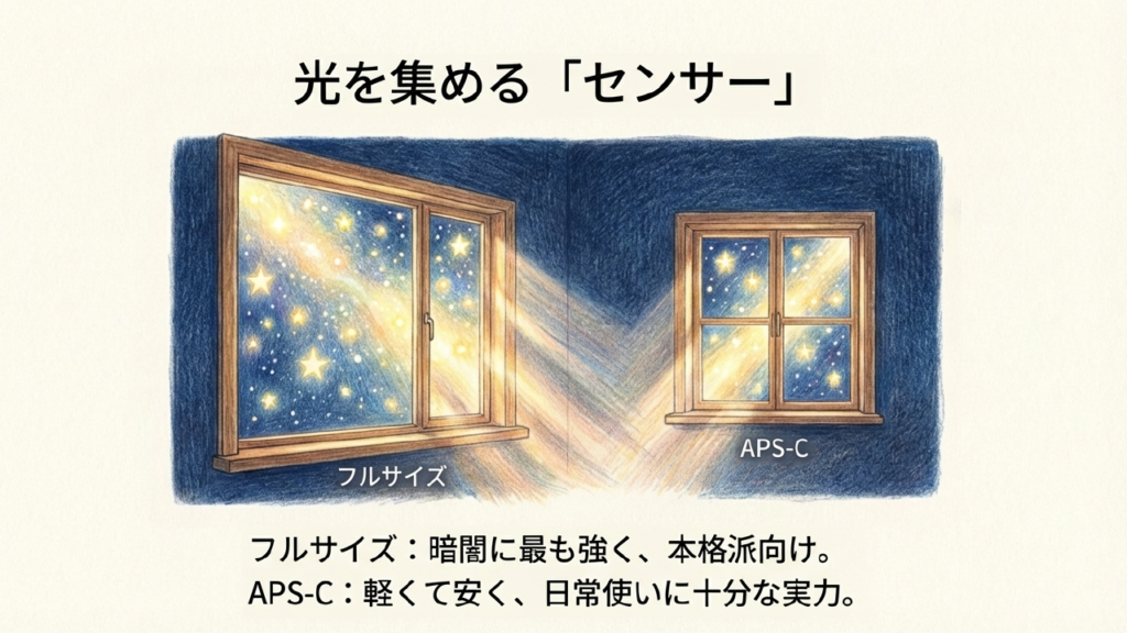 フルサイズとAPS-Cの窓の大きさを比較し、光を取り込む量の違いを説明する図解