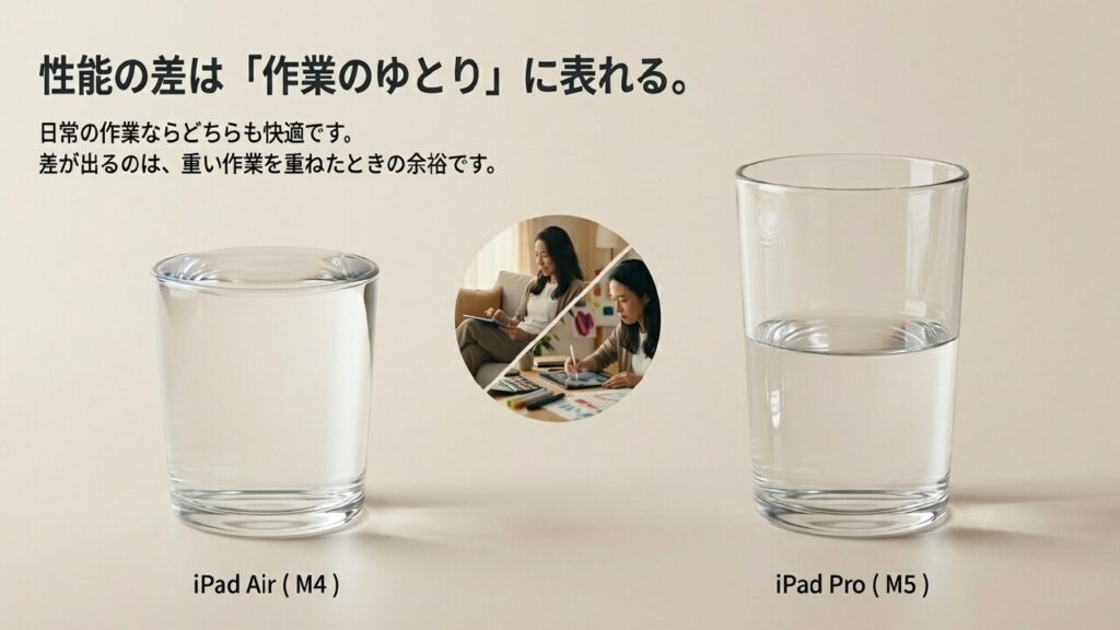iPad AirとProの性能差は重い作業を重ねたときのゆとりに表れることを示したコップの図