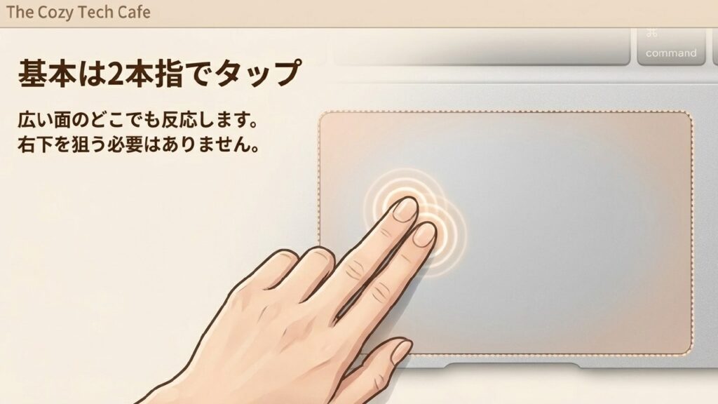 基本は2本指でタップ。広い面のどこでも反応します