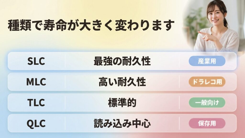 SLC・MLC・TLC・QLCの耐久性と用途の比較表