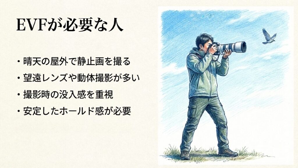 望遠レンズで野鳥を撮影する男性のイラストと、EVFが必要な人の条件