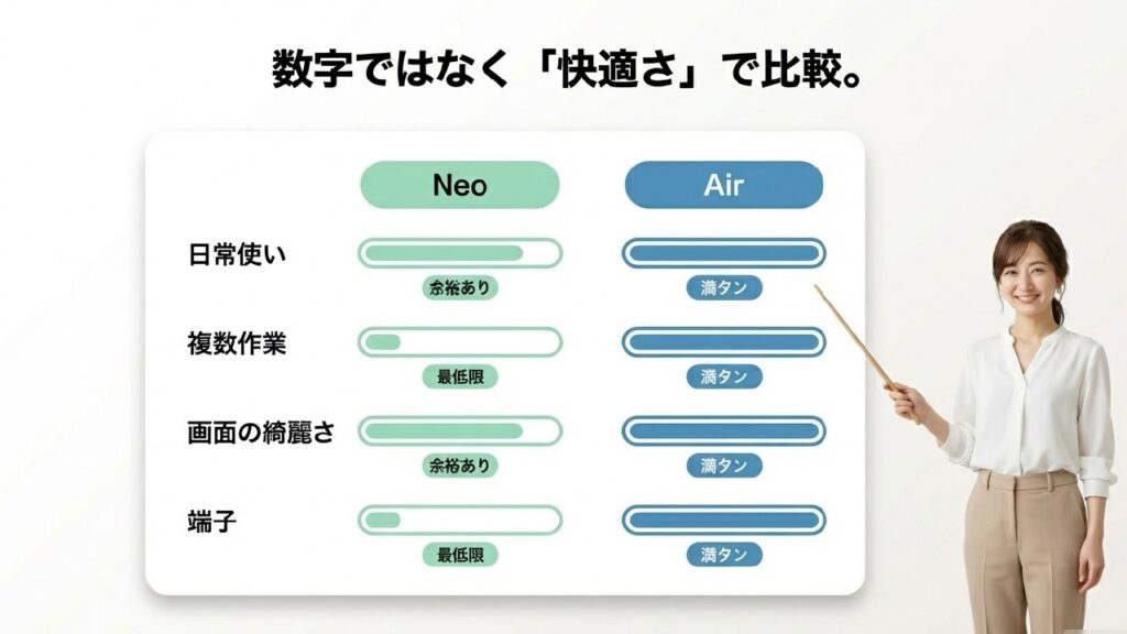 MacBook NeoとAirの快適さスペック比較表