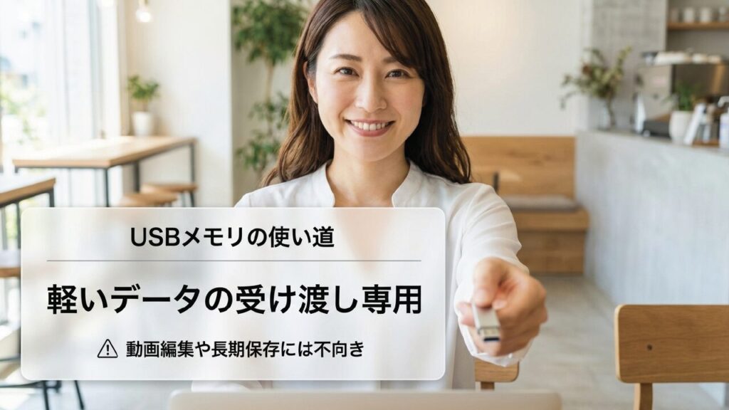 USBメモリの使い道。軽いデータの受け渡し専用で、動画編集や長期保存には不向き