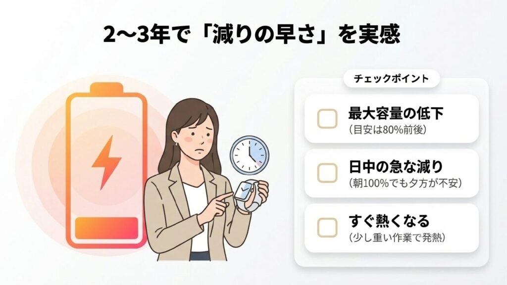 バッテリー寿命のチェックポイント バッテリー劣化の4つのサイン(最大容量低下・発熱など)