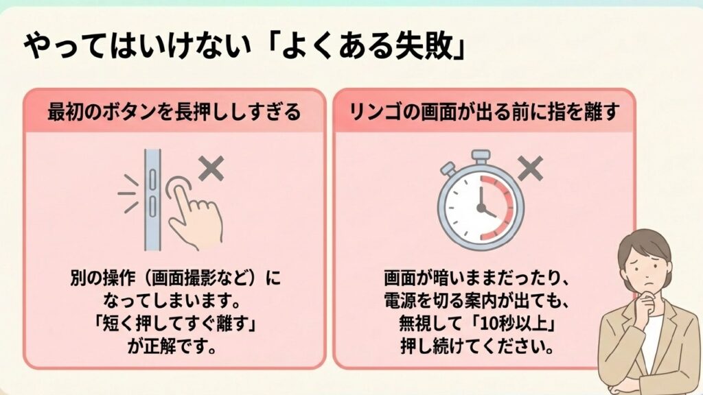 強制再起動でやってはいけない失敗例：長押ししすぎる・指を早く離す