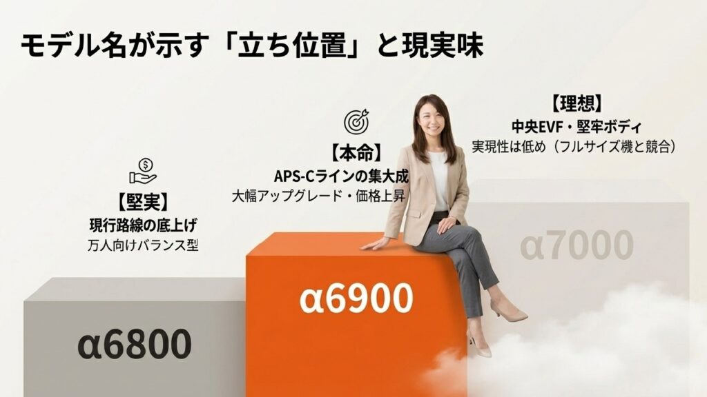 α6800、α6900、α7000の各モデル名が示す立ち位置と現実味