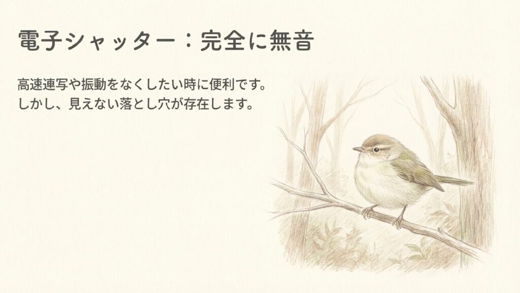電子シャッターでの野鳥撮影イメージ 電子シャッターは無音撮影や高速連写に便利