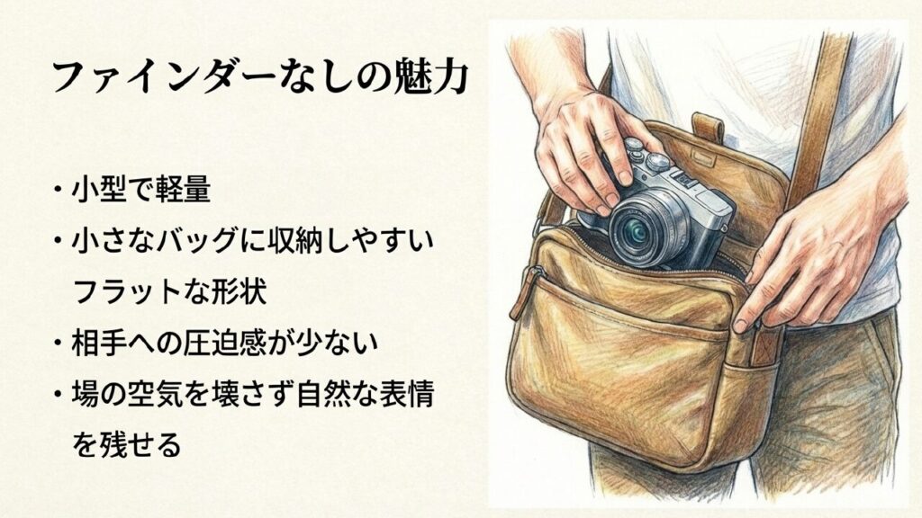 小さなショルダーバッグにファインダーなしのミラーレスカメラを収納するイラスト