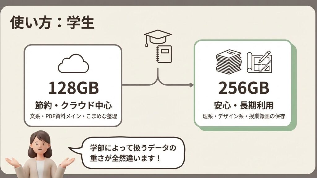 学生向けiPad Airの容量目安(128GBと256GBの違い) 学生向けiPad Airの容量目安(128GBと256GBの違い)
