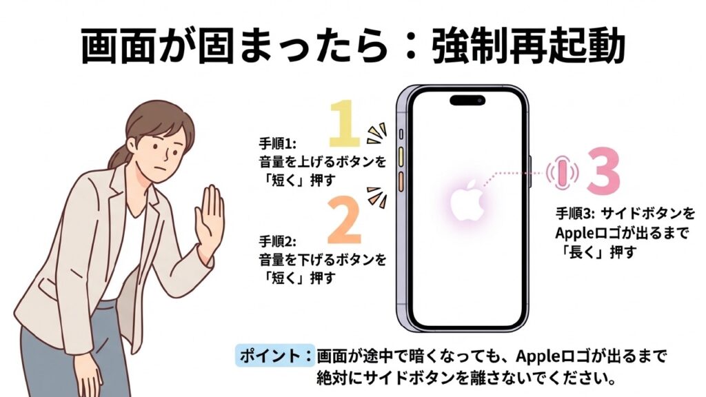強制再起動のやり方 音量上、音量下、サイドボタン長押しの強制再起動手順
