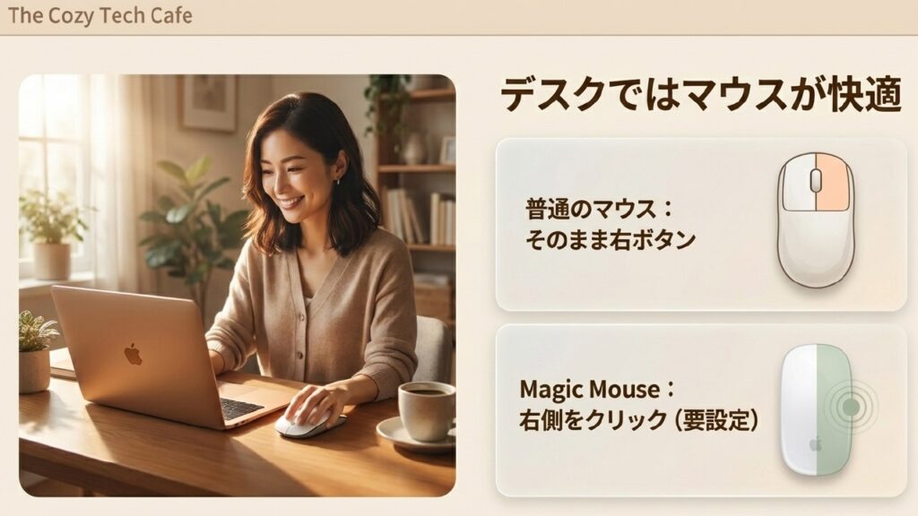 デスクではマウスが快適。普通のマウスやMagic Mouseでの右クリック