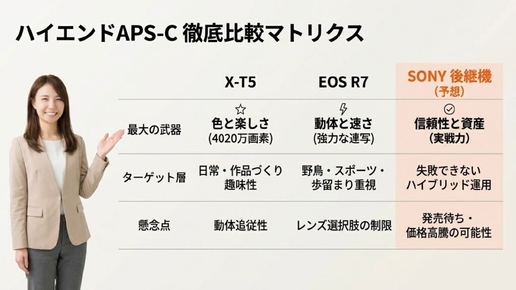 SONY後継機、富士フイルム X-T5、キヤノン EOS R7のハイエンドAPS-C比較表