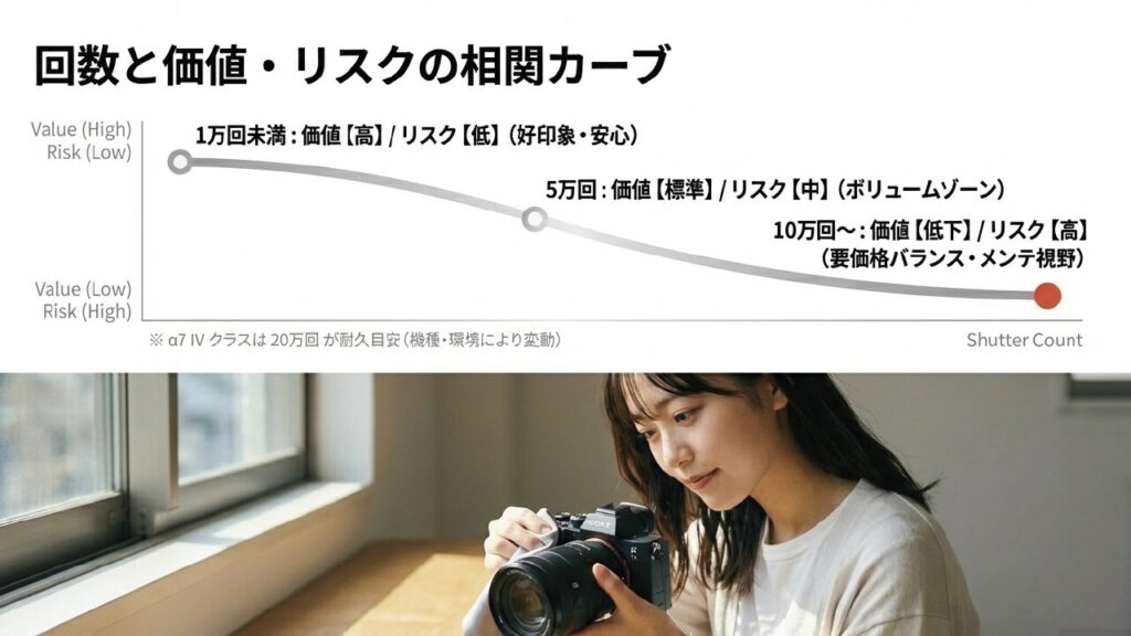 1万回、5万回、10万回ごとのカメラの価値とリスクを示すグラフ