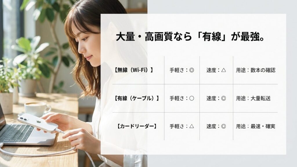 大量転送に最適な有線接続とカードリーダー 無線・有線・カードリーダーの転送比較表