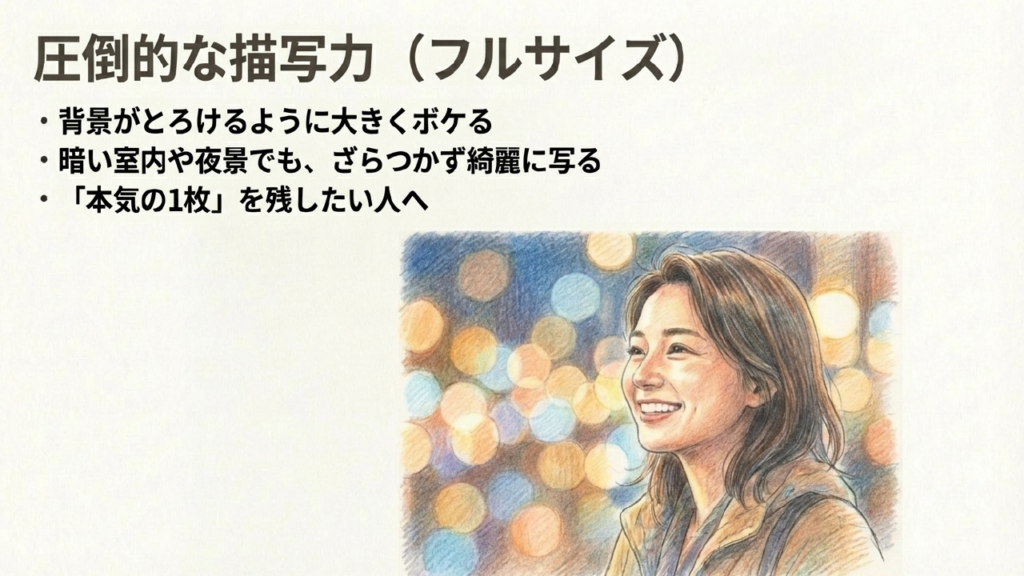 背景がとろけるように大きくボケ、暗い場所でも綺麗に写るフルサイズのメリット