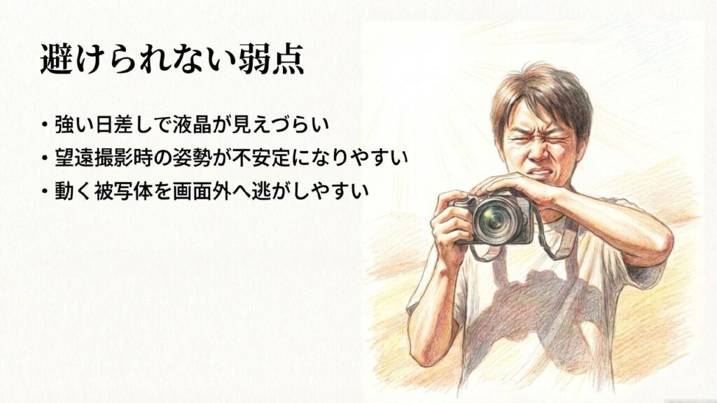強い日差しでの液晶の見えづらさなど、ファインダーなしの弱点