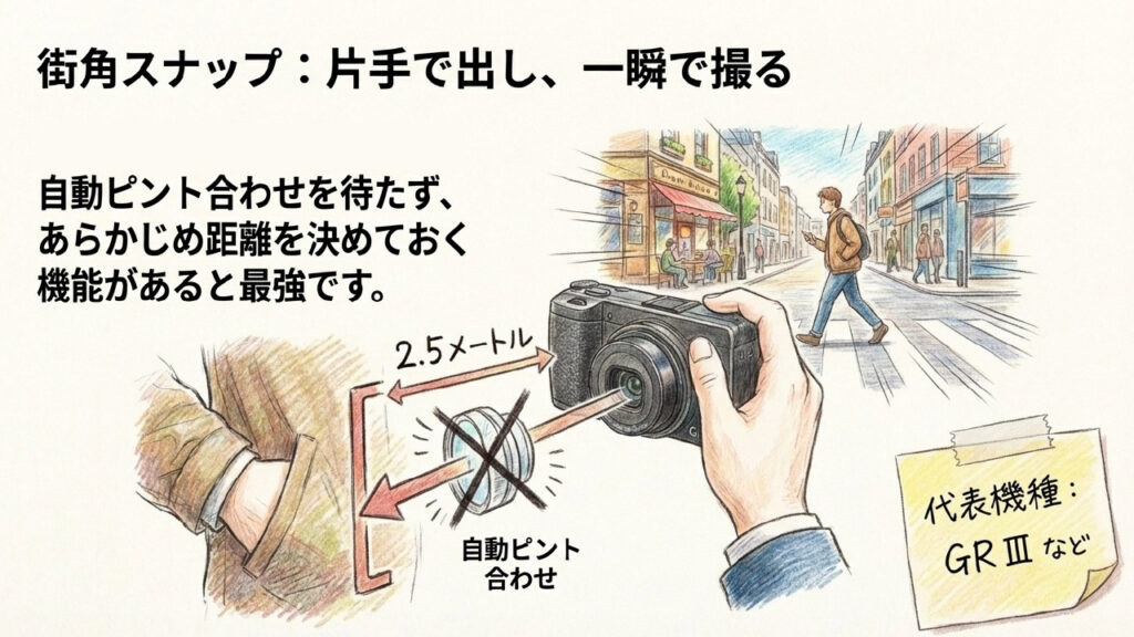 あらかじめ撮影距離を決めておく機能（フルプレススナップなど）の解説イラスト