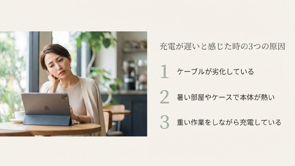 充電が遅いと感じた時の原因 充電が遅いと感じた時の3つの原因(ケーブル劣化、発熱、重い作業)