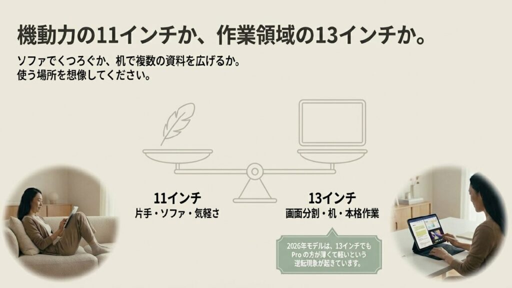 機動力の11インチか、作業領域の13インチかを選ぶための利用シーン図