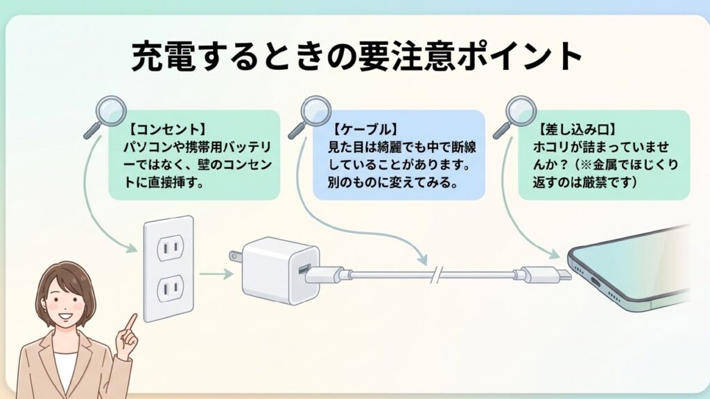 充電するときの要注意ポイント（コンセント・ケーブル・差し込み口）