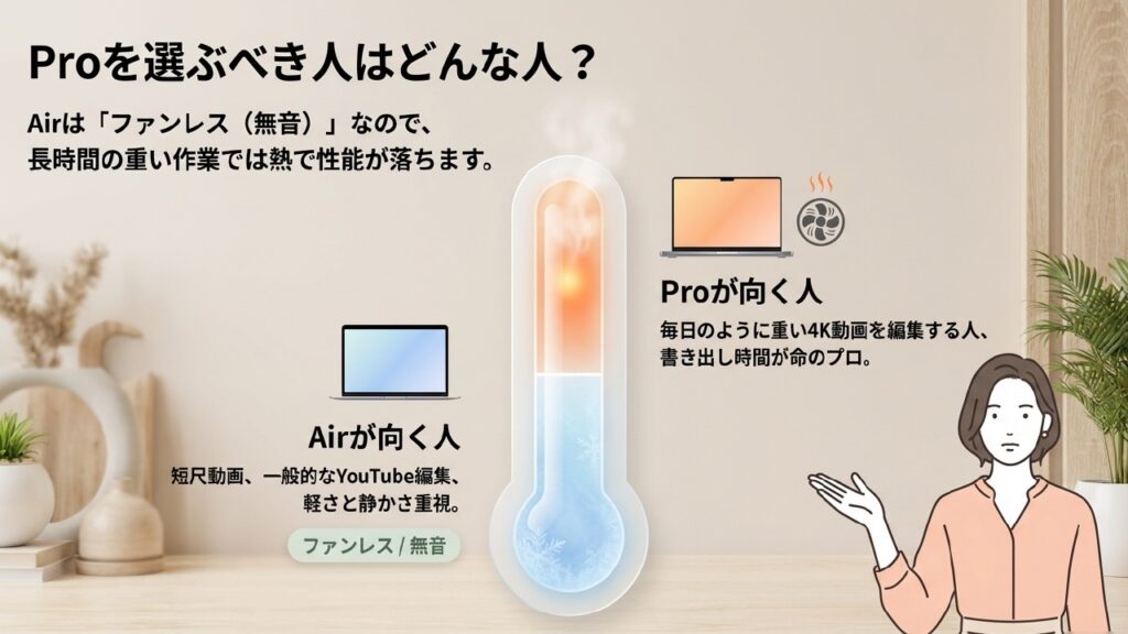 Proを選ぶべき人はどんな人？Airはファンレスのため長時間の重い作業では熱で性能が落ちます