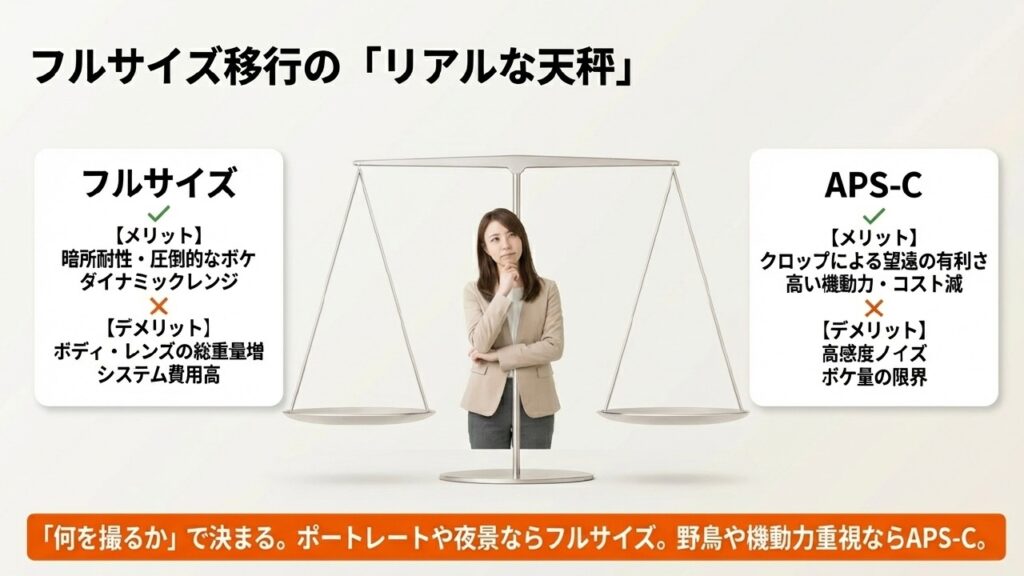 フルサイズ機とAPS-C機のメリット・デメリットを比較する天秤