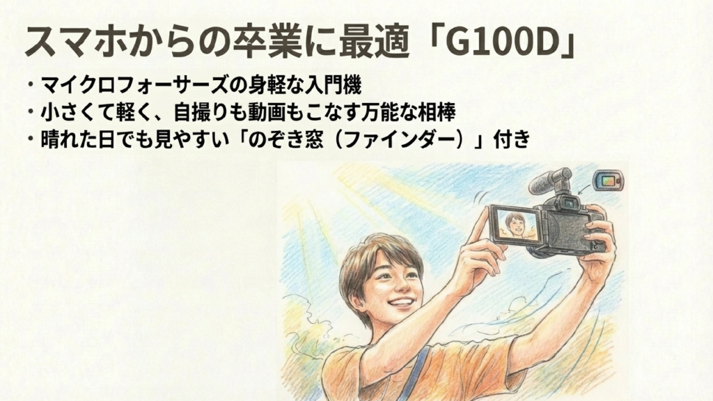 自撮りや動画をこなす万能な相棒G100Dと、晴天で見やすいファインダーの紹介