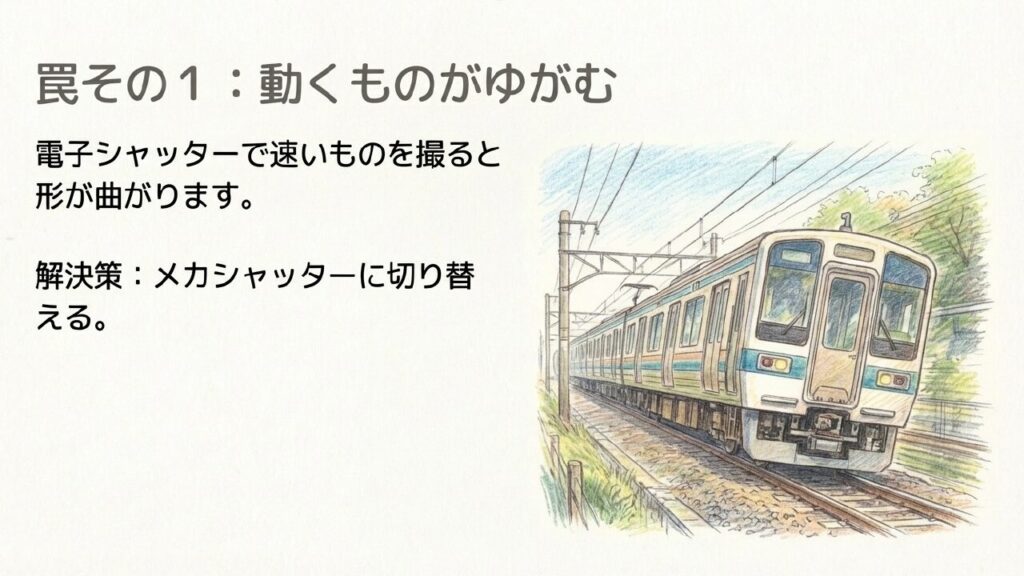ローリングシャッター現象による電車の歪み 電子シャッターの罠:速く動く電車などが歪むローリングシャッター現象