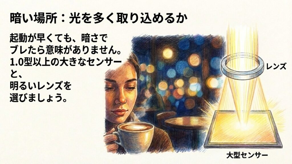 1.0型以上の大型センサーと明るいレンズのイラスト