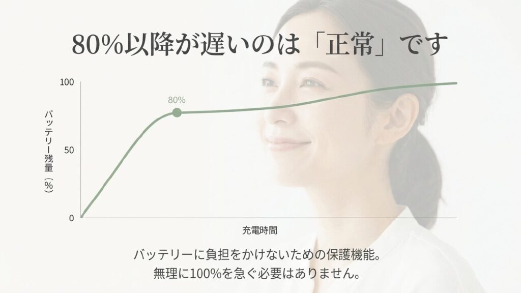 80%以降が遅いのは正常 80%以降の充電速度が遅くなるのはバッテリーを守る正常な保護機能