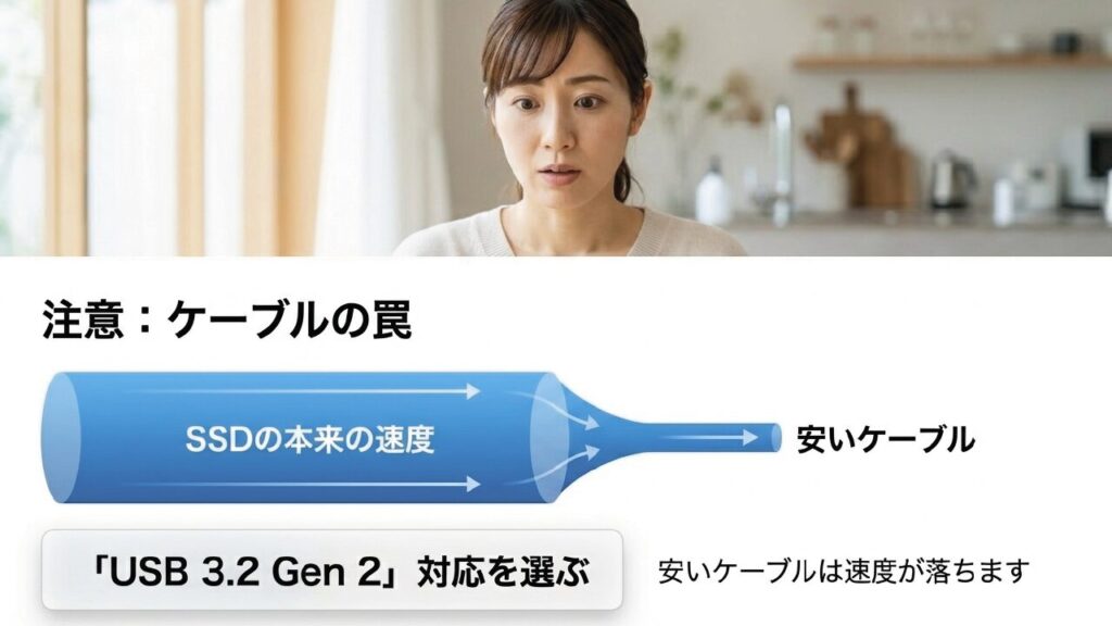 USB-Cケーブルの罠。安いケーブルは速度が落ちるためUSB 3.2 Gen 2対応を選ぶべき