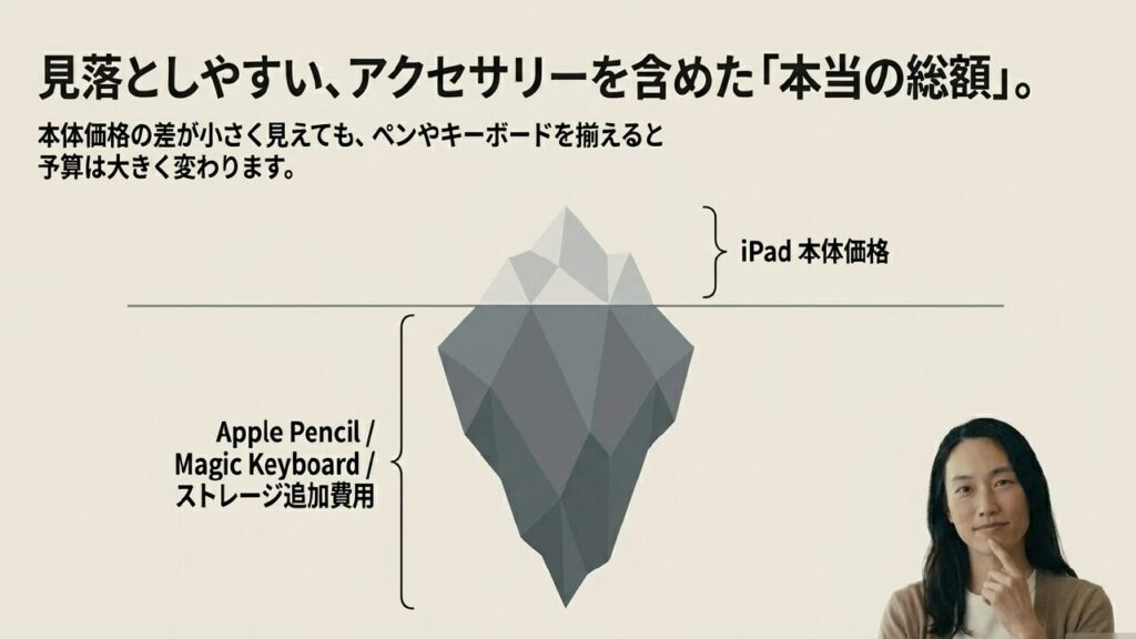 iPad本体価格だけでなくApple PencilやMagic Keyboardなど見落としやすい総額を示した図