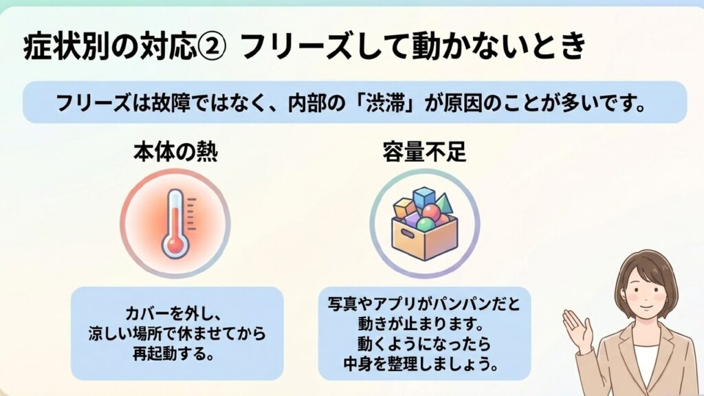 フリーズして動かない主な原因は本体の熱とストレージ容量不足