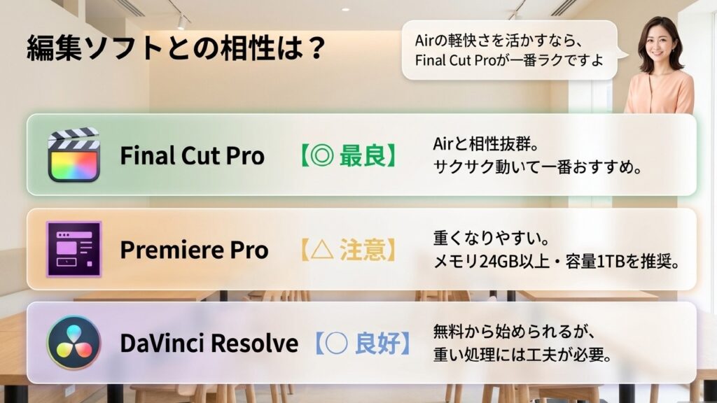 編集ソフトとの相性は？Airの軽快さを活かすならFinal Cut Proが一番ラクですよ