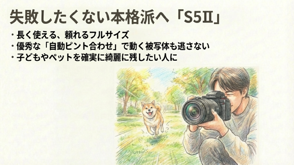 長く使える頼れるフルサイズS5II。自動ピント合わせで動く被写体も逃さない