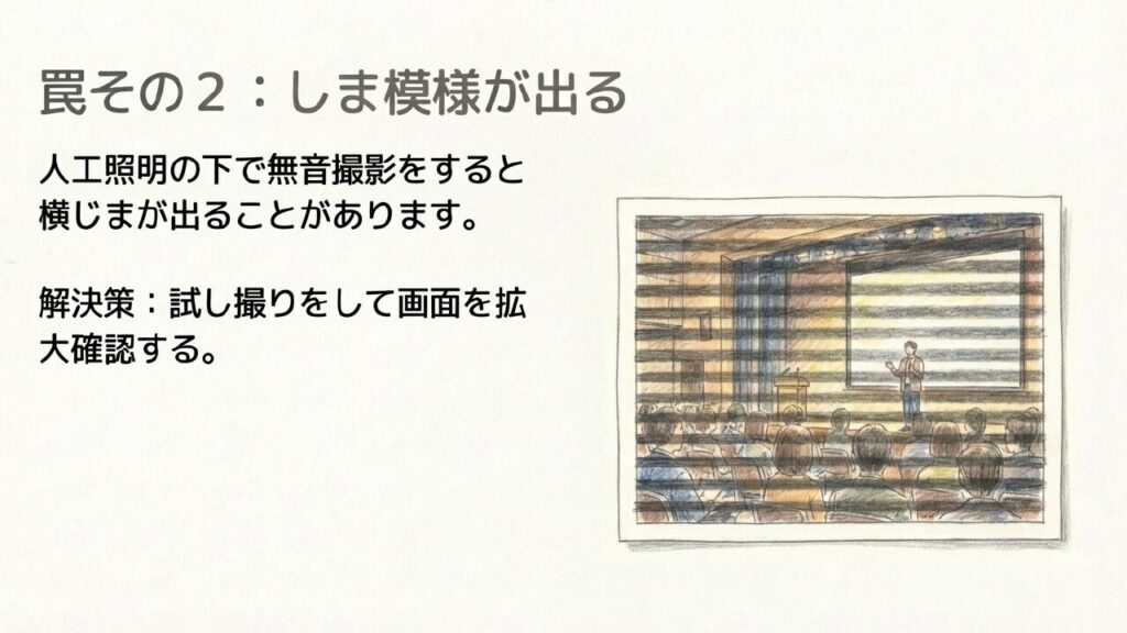 フリッカー現象による横縞の発生 人工照明下の無音撮影で発生するフリッカー(縞模様)