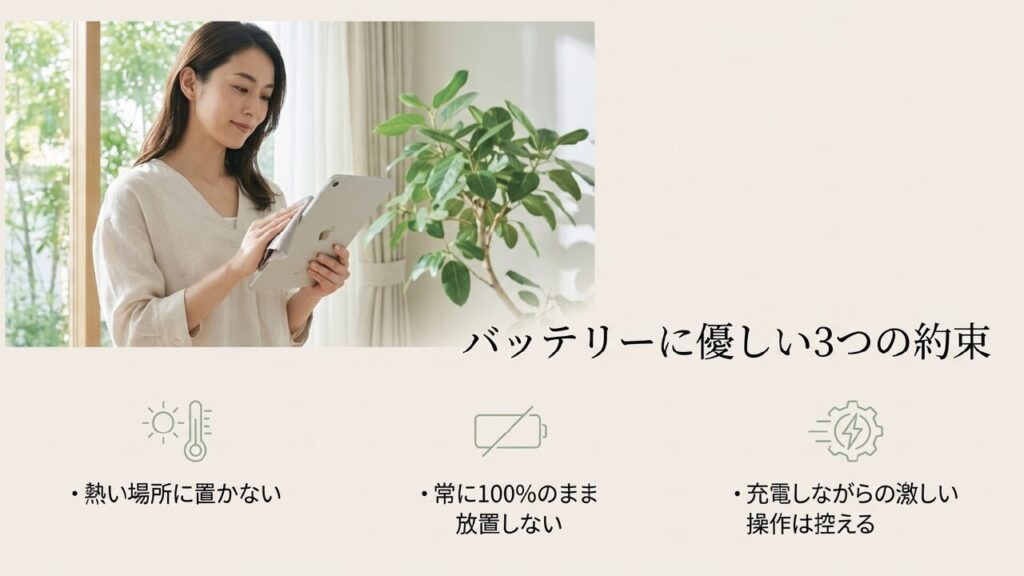 バッテリーに優しい3つの約束 バッテリーに優しい3つの約束(熱を避ける、100%放置しない、操作を控える)