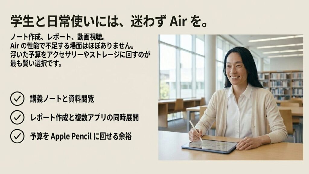 学生のノート作成やレポートにはiPad Airが最適であることを示す図