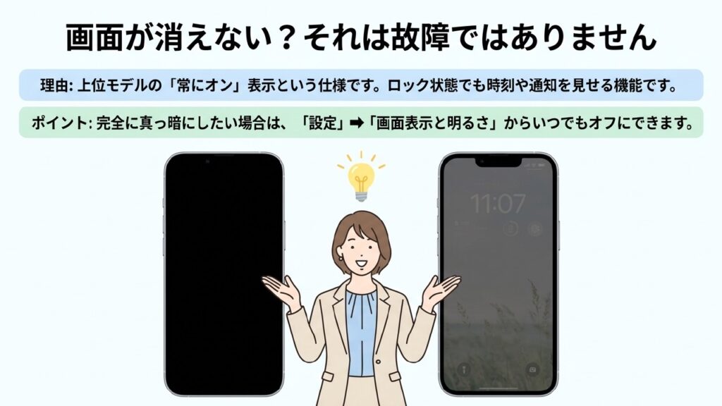 常にオン表示の仕様 画面が消えないのは上位モデルの常にオン表示の仕様