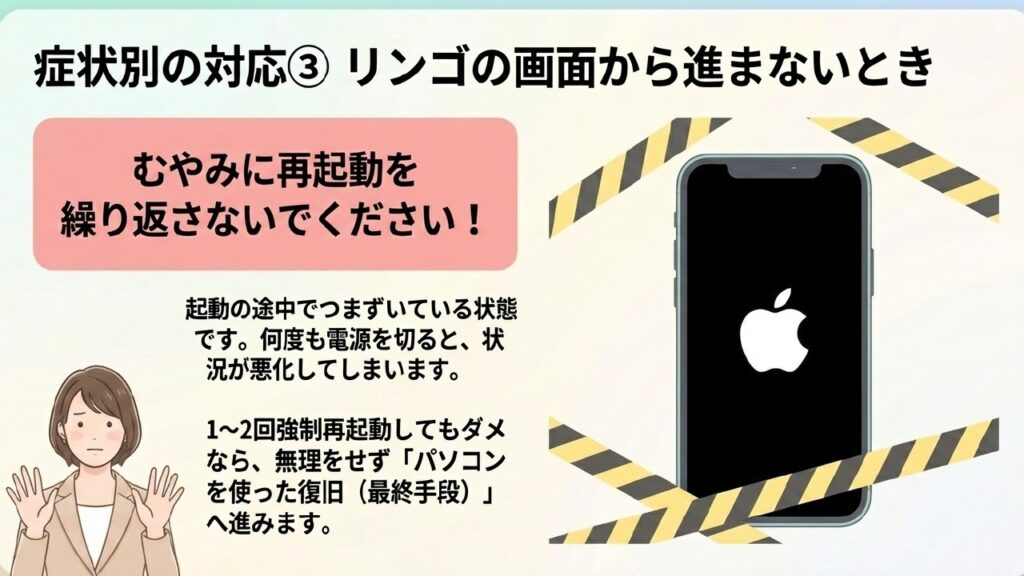 リンゴの画面から進まない時はむやみに強制再起動を繰り返さない