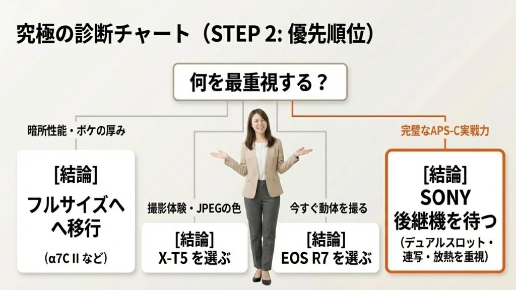 撮影の優先順位（ボケ、色、動体）で決める機種選びチャート