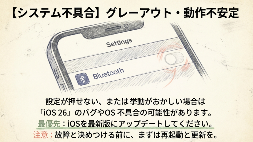 iOSのバグによりBluetooth設定がグレーアウトして押せない状態