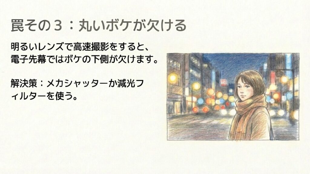 高速シャッター時のボケ欠け現象 電子先幕で高速撮影時に丸いボケが欠ける現象